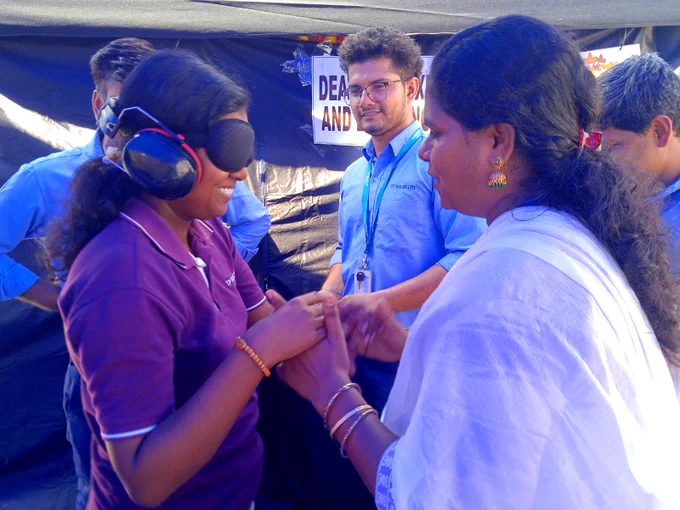 Students, Interns and Employees of TP Solar Ltd., experiencing a 'Deafblind Experience Zone' organised by NIEPMD (D) on the occasion of 'Global Accessibility Awareness Day (GAAD)' on 21st May 2026.