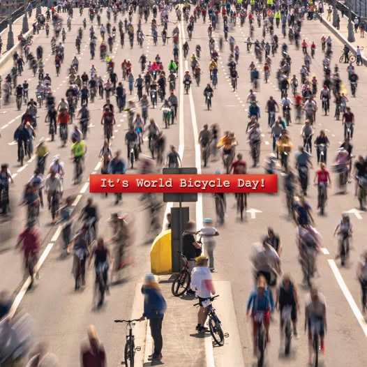 Image of a large group of bicycllists with the text "World Bicycle Day."