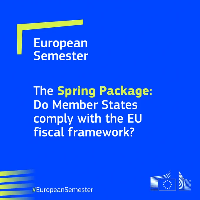 European Semester promotional graphic on a blue background. White text reads: “European Semester” and “The Spring Package: Do Member States comply with the EU fiscal framework?” The words “Spring Package” are highlighted in lime green. The European Commission logo appears in the lower right corner, and “#EuropeanSemester” appears at the bottom. 
