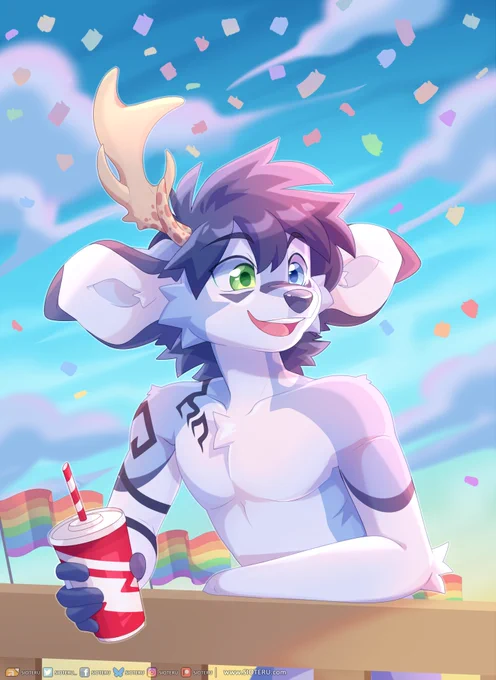 Sio, a blue and white fallow deer with one antler, leaning on a railing and holding a but of soda while confetti falls around him and three rainbow flags sway in that background.