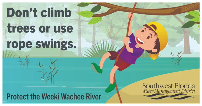 Educational graphic from the Southwest Florida Water Management District featuring a cartoon boy on a rope swing over a river, with the text, "Don't climb trees or use rope swings. Protect the Weeki Wachee River."
