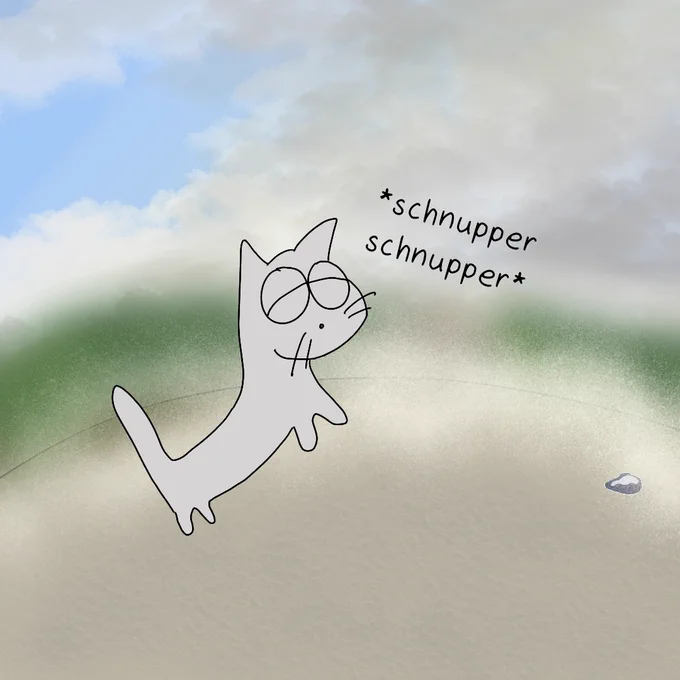 Der Hintergrund sieht nach der Zeit nach Regen aus.
Es sind viele Wolken zu sehen, allerdings durchbricht blauer Himmel die Wolkendecke.
Eine Pfütze ist an der Seite zu sehen.

Glotzi die Glotzkatze hat sich mit geschlossenen Augen auf die Hinterbeine gestellt und schnuppert.

*schnupper schnupper*