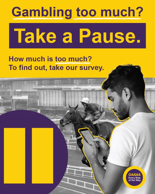 A person is holding a phone at a horse race with text urging readers to take a pause from gambling and complete a survey to evaluate their gambling habits.