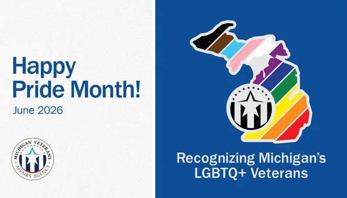 Pride flag shaped like the state of Michigan with text 'Happy Pride Month! June 2026.'