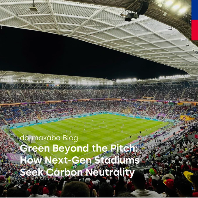 A vibrant night soccer match in a modern, packed stadium emphasizing sustainable design. The scene conveys excitement and forward-thinking in athletic architecture.