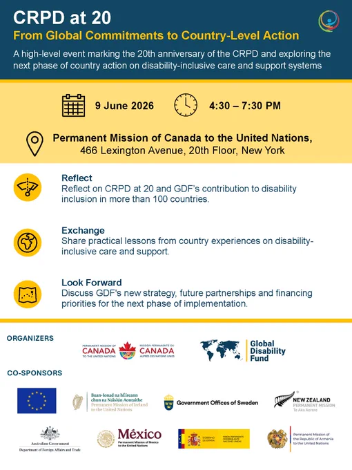 Poster for the event titled “CRPD at 20: From Global Commitments to Country-Level Action.” It announces a high-level meeting on 9 June 2026, 4:30–7:30 PM, at the Permanent Mission of Canada, New York. The agenda highlights reflection, exchange, and future actions on disability inclusion. Logos of organizers (Canada and Global Disability Fund) and several co-sponsoring countries appear at the bottom.