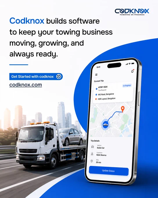 An infographic image with text "Codknox builds software to keep your towing business moving, growing, and always ready."
