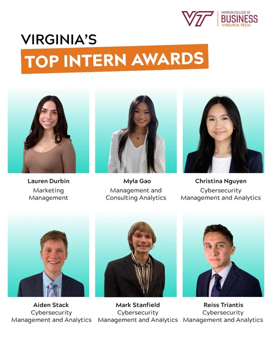 Virginia's Top Intern Awards graphic showcasing Lauren Durbin, Myla Gao, Christinia Nguyen, Aiden Stack, Mark Stanfield, and Reiss Triantis