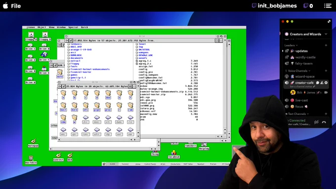Bob pointing to his desktop, a retro 16bit WIMP on the Atari, MiNT/TOS/jinnie.