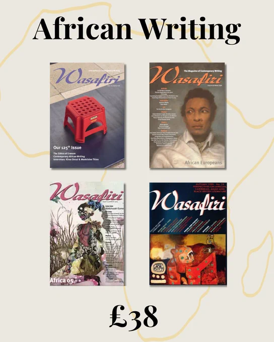 Cream background with a yellow outline of Africa. On top of this are four magazine covers. At the top it says in black text 'African Writing'. At the bottom it reads: £38.
