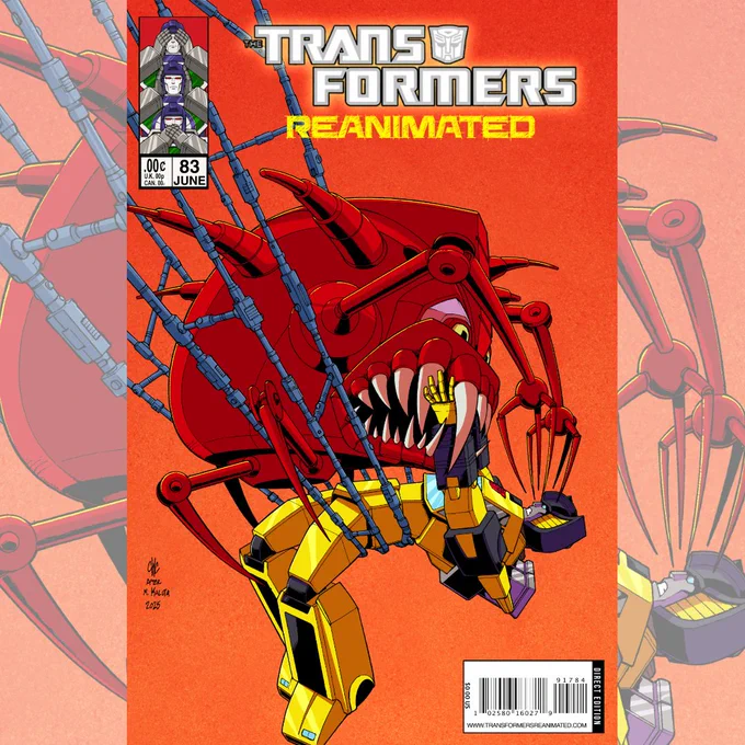 The cover for Transformers REANIMATED issue 83 features a Mecannibal trapping Sunstreaker in his legs with scary teeth and eyes.
