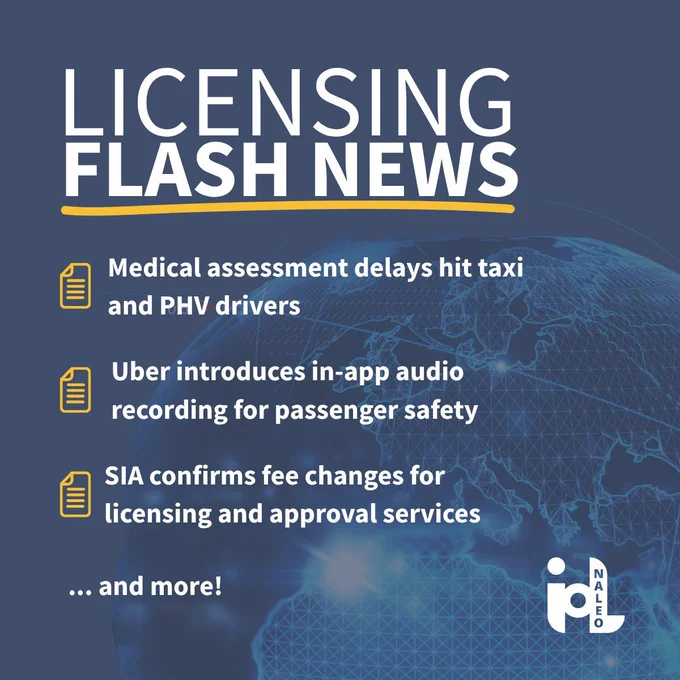 IoL Licensing Flash News graphic for 3 June 2026, listing three stories: Medical assessment delays hit taxi and PHV drivers; Uber introduces in-app audio recording for passenger safety; SIA confirms fee changes for licensing and approval services.