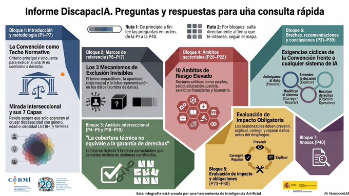 Infografía titulada “Informe DiscapacIA. Preguntas y respuestas para una consulta rápida”. El diseño muestra varios bloques de colores organizados en forma de piezas conectadas, cada uno representando una sección del informe.
En la parte superior se indican dos rutas de lectura: “Ruta 1: de principio a fin (P1–P40)” y “Ruta 2: por bloques”.
A la izquierda aparece el Bloque 1 (P1–P7) con el texto “La Convención como Techo Normativo” y una “Mirada interseccional y sus 7 capas”, acompañado de iconos de justicia y diversidad.
En el centro se sitúa el Bloque 2 (P8–P17), que explica “Los 3 mecanismos de exclusión invisibles” (tecno-capacitismo, opacidad y falta de representación de datos), y debajo el Bloque 3 (P4–P5 y P18–P19), con el mensaje “La cobertura técnica no equivale a la garantía de derechos” y referencia a brechas estructurales.
A la derecha aparece el Bloque 4 (P20–P22), que destaca “10 ámbitos de riesgo elevado” como empleo, salud, educación, justicia y servicios financieros.
