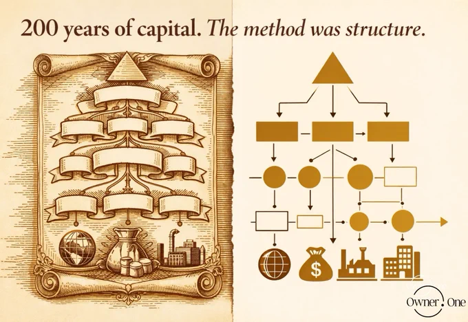 The Rothschild family preserved wealth across 200 years. The method was not secrecy — it was structure.
The Rothschild family is the most studied example of multigenerational wealth preservation in modern history. Their fifth-generation patriarch Mayer Amschel Rothschild's last will explicitly forbade external marriage, required family partnership in all business decisions, and mandated that family meetings govern major capital moves.

The instrument was not a trust. It was a system — a set of rules, roles, and information protocols that operated independent of any single person's judgment or availability.

Most wealthy families today do the opposite: the founder centralizes all knowledge, makes all decisions, and creates a structure where continuity depends entirely on their continued presence.