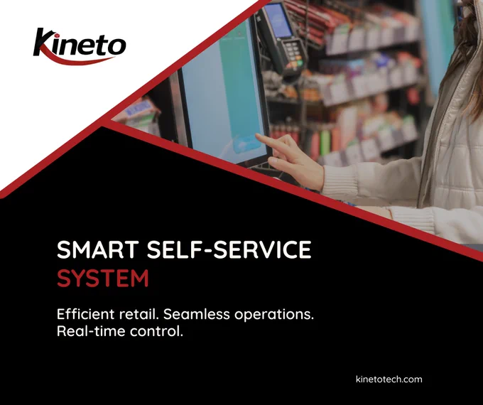 Promotional graphic for Kineto’s Smart Self-Service System featuring a customer using a touchscreen self-service kiosk in a retail environment. The design includes black, white, and red geometric elements with the text “Efficient retail. Seamless operations. Real-time control.” and the website kinetotech.com.
