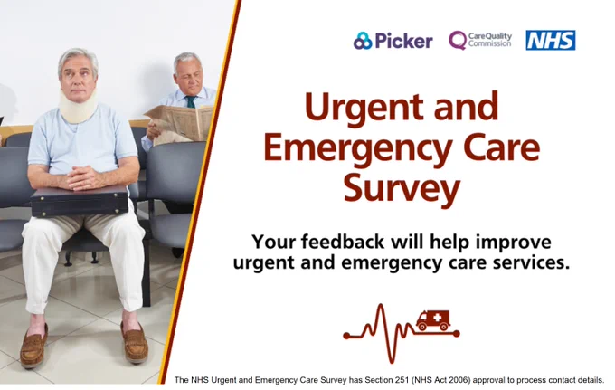 A photo of a patient waiting in a waiting room with the words: Urgency and Emergency Care Survey. Help us improve urgent and emergency care services.