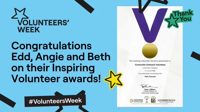 Thank you message for Edd, Angie, and Beth on their Inspiring Volunteer awards against a blue backdrop with star icons.