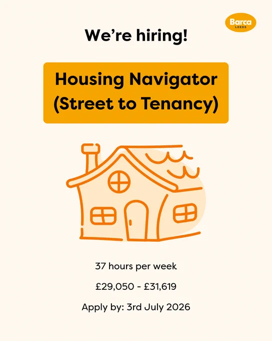 We're hiring!
Housing Navigator (Street to Tenancy)
Illustration of a house with a chimney
37 hours per week
£29,050-£31,619
Apply by: 3rd July 2026