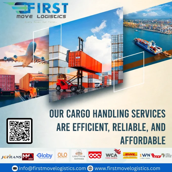 🚛 Efficient Cargo Handling. Reliable Logistics. Affordable Solutions.

At First Move Logistics, we understand that successful supply chains depend on efficient cargo handling. Whether by air, sea, or road, our experienced team ensures your cargo is handled with precision, delivered on time, and managed cost-effectively from origin to destination.

From containerized shipments and project cargo to warehousing and distribution, we provide dependable logistics solutions tailored to your business needs.

✅ Efficient Operations
✅ Reliable Service
✅ Competitive Pricing
✅ Global Freight Solutions
✅ End-to-End Cargo Management

📧 info@firstmovelogistics.com
🌐 www.firstmovelogistics.com

🔗 Follow First Move Logistics
Facebook: https://www.facebook.com/firstmovelogistics
Instagram: https://www.instagram.com/firstmovelogistics
LinkedIn: www.linkedin.com/company/first-move-logistics
Twitter/X: https://x.com/FirstMoveLog
YouTube: https://youtube.com/@firstmovelogisticsfml?si=P-EHSC7J_T-mqxfr
