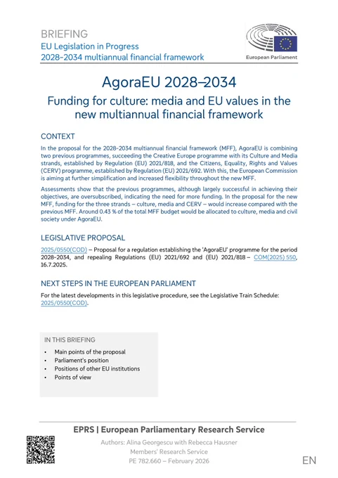 EPRS briefing summary on 'AgoraEU 2028-2034: Funding for culture, media and EU values in the new multiannual financial framework' (February 2026)