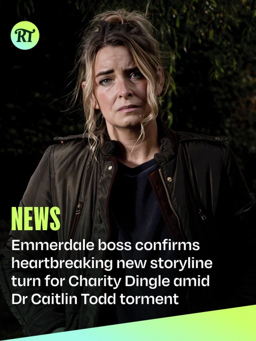 Emma Atkins as Charity Dingle with a serious expression, standing outdoors with a blurred natural background. Text on the image reads, "NEWS: Emmerdale boss confirms heartbreaking new storyline turn for Charity Dingle amid Dr Caitlin Todd torment.