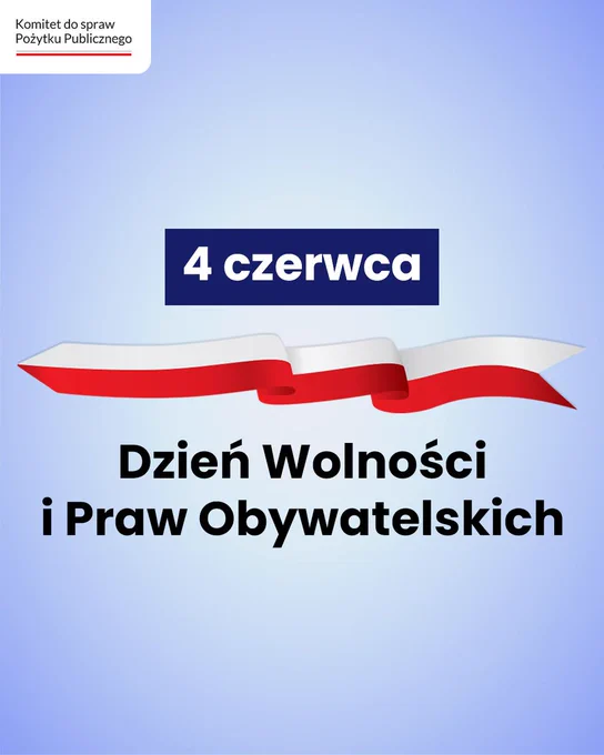 Grafika informacyjna. W lewym górnym rogu logo Komitetu do spraw Pożytku Publicznego. Pośrodku tytuł: czwarty czerwca, Dzień Wolności i Praw Obywatelskich. Widoczna biało czerwona wstęga na spokojnym, jednolitym tle.