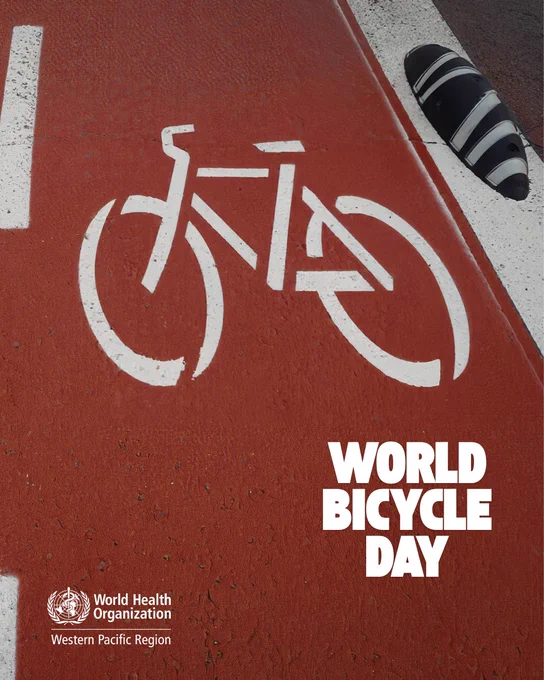 Close up of an outline of a bicycle on a bike lane. The overlay reads: World Bicycle Day, next to a logo of the World Health Organization