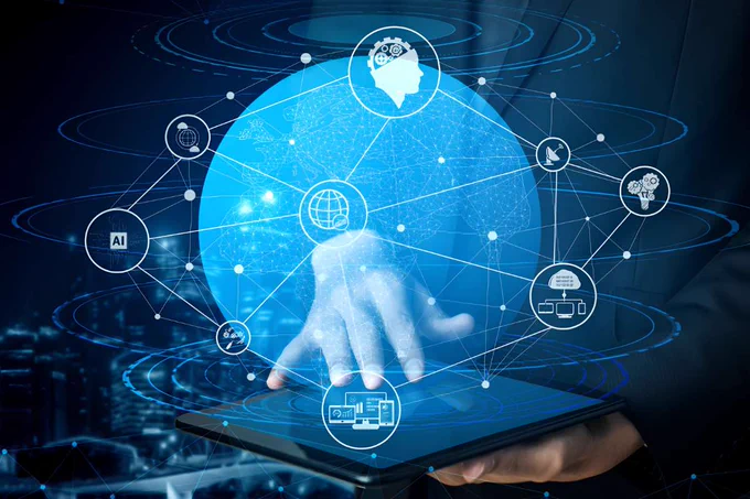 Graphic showing a hand interacting with a digital tablet displaying a glowing blue globe connected to tech, AI, and security network nodes.