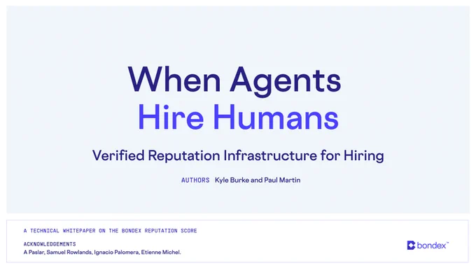 Title emphasizes AI agents hiring humans, with a focus on a verified reputation infrastructure for hiring, authored by Kyle Burke and Paul Martin.