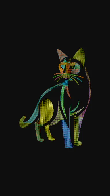 Colorful neon-style line art of a sitting cat on a black background.