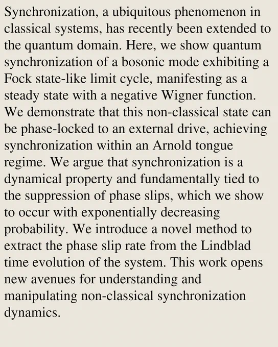 Synchronization, a ubiquitous phenomenon in classical systems, has recently been extended to the quantum domain. Here, we show quantum synchronization of a bosonic mode exhibiting a Fock state-like limit cycle, manifesting as a steady state with a negative Wigner function. We demonstrate that this non-classical state can be phase-locked to an external drive, achieving synchronization within an Arnold tongue regime. We argue that synchronization is a dynamical property and fundamentally tied to the suppression of phase slips, which we show to occur with exponentially decreasing probability. We introduce a novel method to extract the phase slip rate from the Lindblad time evolution of the system. This work opens new avenues for understanding and manipulating non-classical synchronization dynamics.