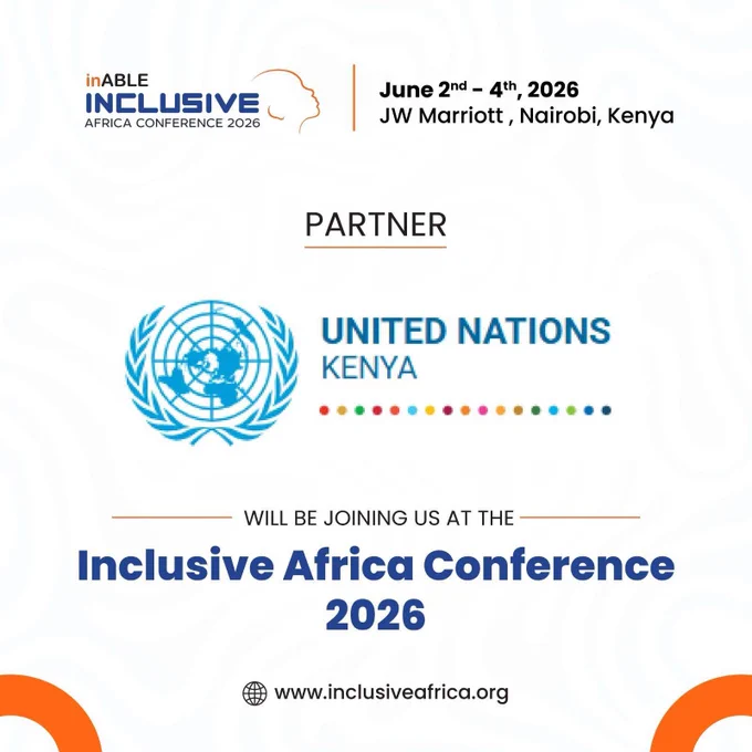 Announcement for the Inclusive Africa Conference 2026 taking place June 2-4 at JW Marriott in Nairobi, Kenya, featuring the United Nations Kenya as a partner joining the event, with the conference website www.inclusiveafrica.org included.