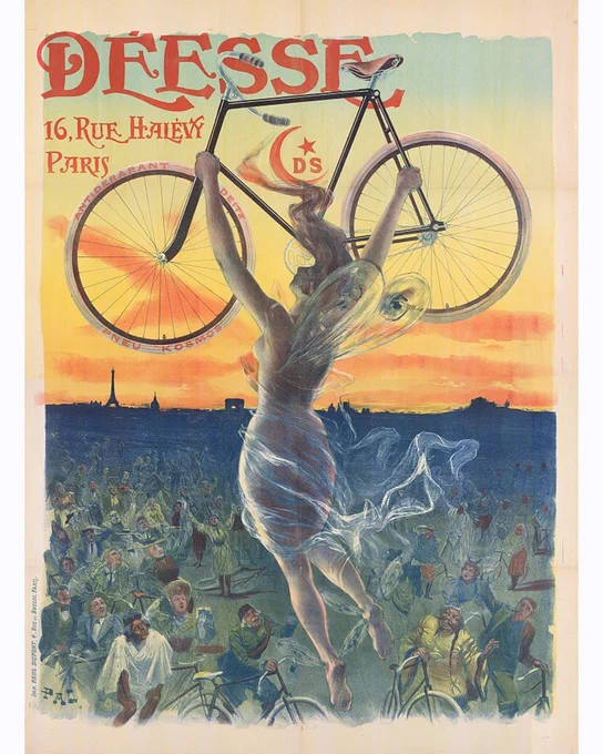 Poster advertisement for Deesse Bicycles shows an illustration of a semi-nude goddess in flight holding bicycle above crowd of bicyclists from all over the world. Art by Jean de Paleologue.