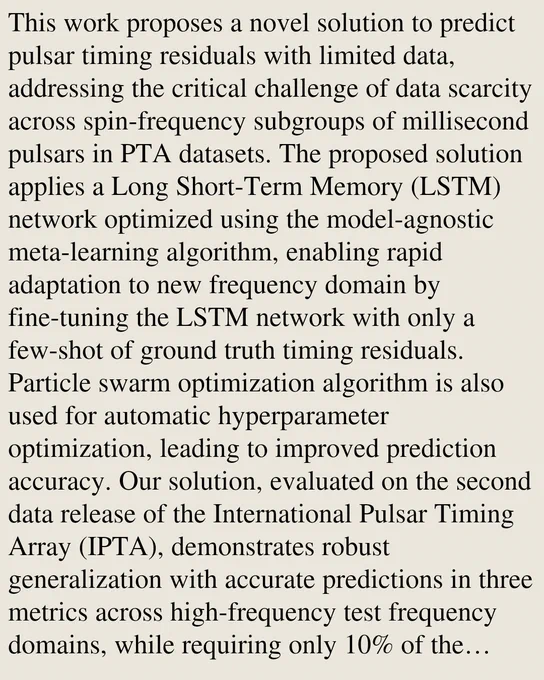 This work proposes a novel solution to predict pulsar timing residuals with limited data, addressing the critical challenge of data scarcity across spin-frequency subgroups of millisecond pulsars in PTA datasets. The proposed solution applies a Long Short-Term Memory (LSTM) network optimized using the model-agnostic meta-learning algorithm, enabling rapid adaptation to new frequency domain by fine-tuning the LSTM network with only a few-shot of ground truth timing residuals. Particle swarm optimization algorithm is also used for automatic hyperparameter optimization, leading to improved prediction accuracy. Our solution, evaluated on the second data release of the International Pulsar Timing Array (IPTA), demonstrates robust generalization with accurate predictions in three metrics across high-frequency test frequency domains, while requiring only 10% of the timing residuals from these domains for model fine-tuning. Furthermore, our lightweight structure only costs 16.86 MB CPU memory 