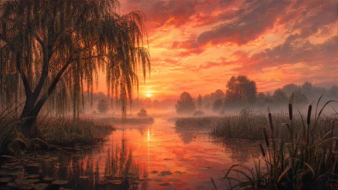 serene marsh landscape at sunrise, vertical composition, painterly fine-art illustration with realistic detail, a calm narrow river or pond running through tall grasses and reeds, large weeping willow dominating the left foreground with long hanging branches in dark silhouette, cluster of cattails and reed beds on the right foreground, low sun near the horizon partially veiled by mist in the center-left background, soft fog drifting across the water and among distant trees, layered tree silhouettes fading into atmospheric haze, dramatic sky filled with sweeping red, coral, and orange clouds against a warm golden horizon, still reflective water mirroring the fiery sky, willow, and reeds, scattered lily pads and dark water texture in the lower foreground. Eye-level landscape view, wide-to-medium shot, deep focus with gentle atmospheric perspective. Warm backlighting from the rising sun, soft diffused glow through mist, high contrast between luminous sky and dark foreground silhouettes. C