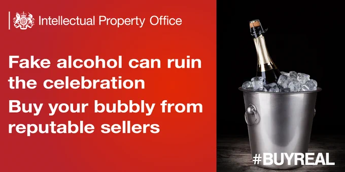 Intellectual Property Office
Fake alcohol can ruin the celebration
Buy your bubbly from reputable sellers
#BUYREAL
Image of alcohol in silver metal bucket with ice. 