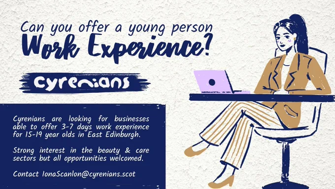 Cyrenians seeking work experience opportunities for young people aged 15-19 in Edinburgh.