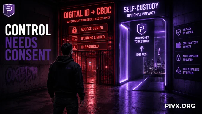 0xBDV facing a digital ID and CBDC control gate while a PIVX privacy exit path opens beside him.