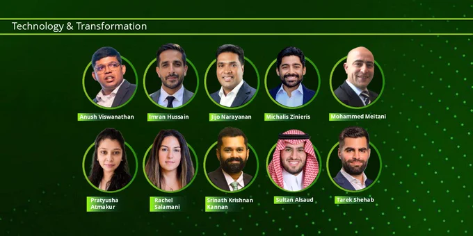 Technology & Transformation\" title above 10 smiling professional headshots in a 2x5 grid. Individuals include Anush Viswanathan, Imran Hussain, Jijo Narayanan, Michalis Zinieris, Mohammed Meitani, Pratyusha Atmakur, Rachel Salamani, Srinath Krishnan Kannan, Sultan Alsaud, & Tarek Shehab.