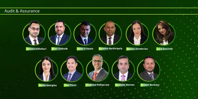 Headshots of the Audit & Assurance team. From left to right, top row: Ahmed AlShehari, Bilal Chehade, Eddy El Kassis, Erantha Maithripala, Joanna Demetriou, Lara Doumith. Bottom row: Novia Georgiou, Paul Perez, Raghave Pallipuram, Shahzeb Memon, Sirwan Barwary.