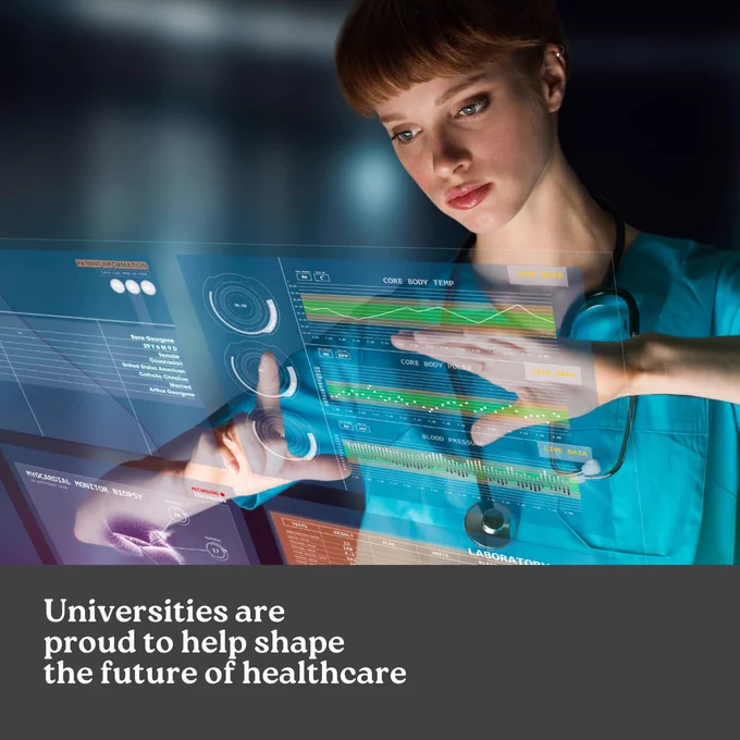 A nurse using new healthcare technology. Universities are proud to help shape the future of healthcare. 