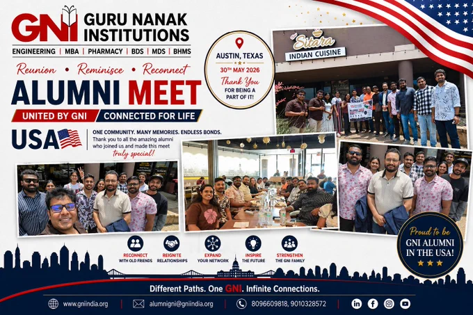 🌍Strengthening Global Alumni Connections | GNI Alumni Meet – Austin, Texas, USA

Guru Nanak Institutions (GNI) is proud to share the success of the GNI Alumni Meet held in Austin, Texas, USA, bringing together alumni from diverse professional backgrounds to reconnect, network, and celebrate their shared journey.

We were privileged to have the presence of Dr. H. S. Saini, Vice Chancellor, Guru Nanak University, and Managing Director, Guru Nanak Institutions (GNI), who shared his vision for strengthening global engagement, innovation, and lifelong learning within the GNI community.

The event was also graced by Dr. Kiran Palla, Dean- International affairs, a globally recognized academic and IT professional  whose expertise and leadership continue to strengthen GNI’s international collaborations.

The gathering provided an excellent platform for networking, knowledge sharing, and reconnecting with fellow alumni while celebrating the bonds that unite the GNI family.