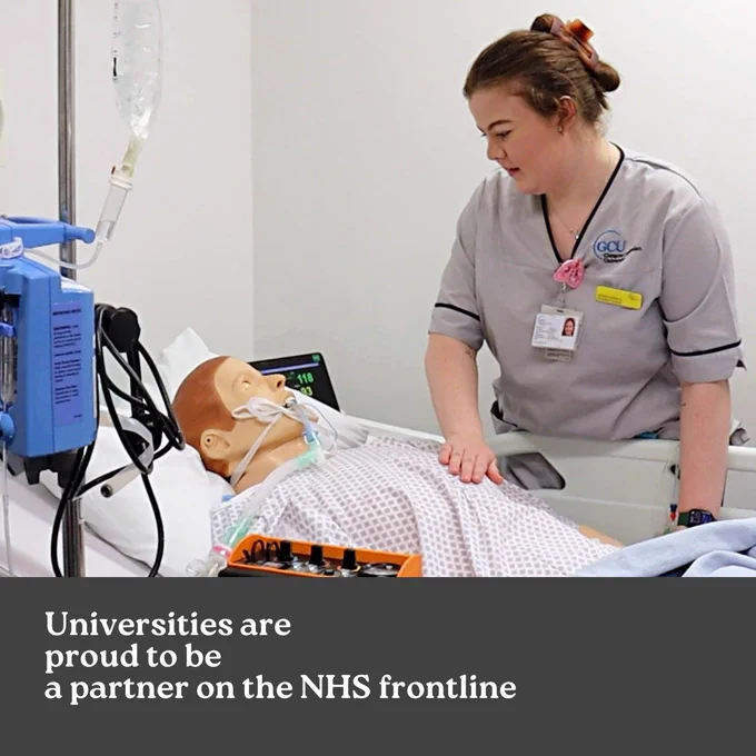 Photo of a student nurse practicing healthcare. Universities are proud to be a partner on the NHS frontline. 