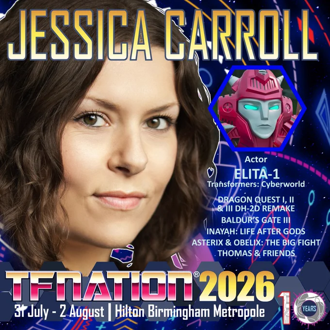 Image shows a headshot of actor Jessica Carroll. There is a small image of Elita-1 from Cyberworld, and below that lists some of Carroll’s roles: Dragon Quest I, II & III DH-2D Remake, Baldur’s Gate III, Inayah: Life After Gods, Asterix & Obelix: The Big Fight, Thomas & Friends.