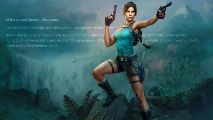 Artwork of Lara Croft in Tomb Raider: Legacy of Atlantis overlaid on an image of the game's AI generated content disclosure 