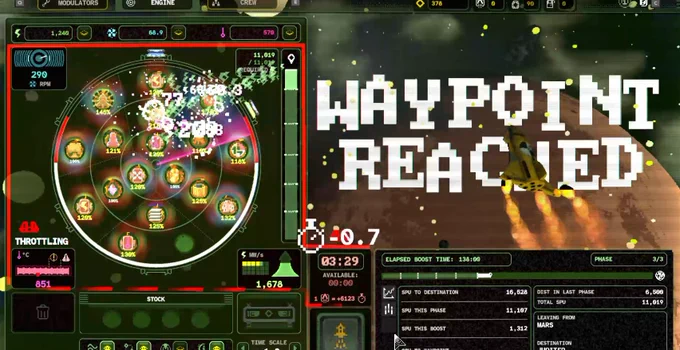 Screenshot from Glory on Pluto. Background is a dark space scene. In the foreground is a techy interface and a rocket engine on the left made up of three circles. This image shows the engine throttling as the rocket reaches a waypoint.