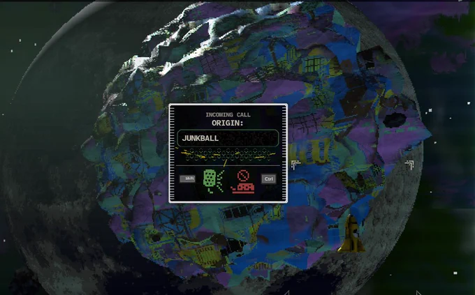 Screenshot from Glory On Pluto. Background shows an iridescent junkball floating through space. In the centre of the image is an incoming call from said junkball.