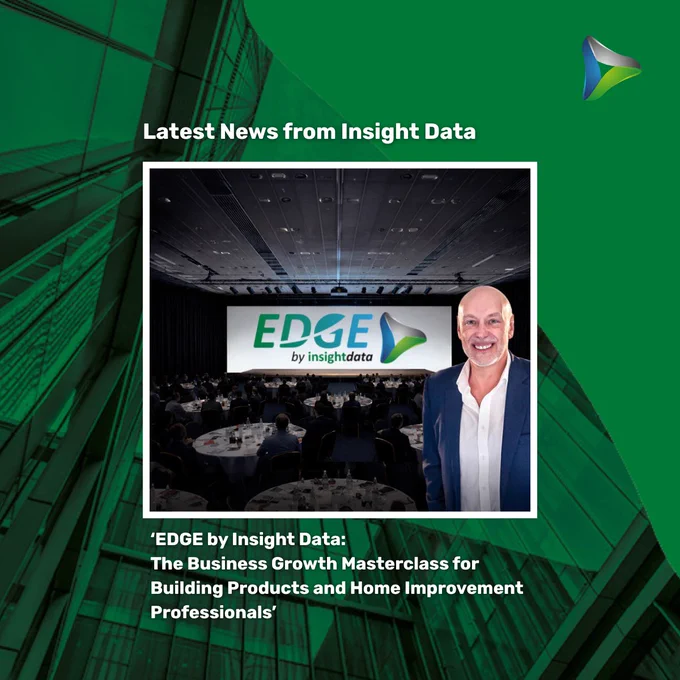Promotional image for 'EDGE by Insight Data', a business growth masterclass for building products and home improvement professionals. Features a conference setting and a speaker in the foreground.