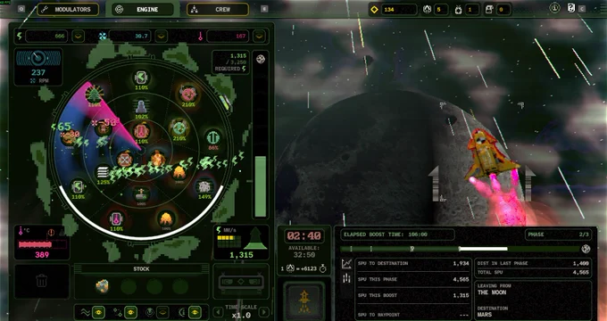 Screenshot from Glory on Pluto. Background is a dark space scene. In the foreground is a techy interface and a rocket engine on the left made up of three circles. This image shows the rocket boosting over a planet.