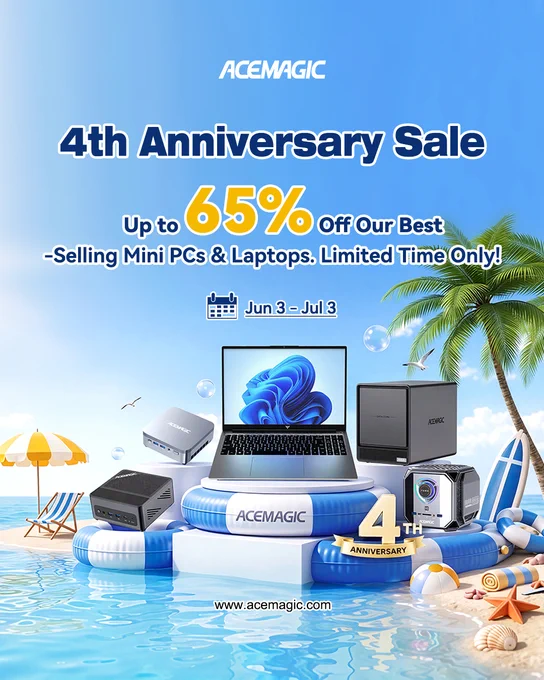 ☀️ Summer savings are officially HERE! 🏖️

Celebrate 4 years of the ACEMAGIC Official Store with Up to 65% OFF our best-selling Mini PCs & Laptops! 🥳

📅 June 3 – July 3, 2026
🎁 Perfect Father's Day gifts for tech-loving dads!
⚡ Flash deals live now!
🎟 Extra Discount Code: ACEFAN3

Shop directly on our official store to claim your discount 👇
https://acemagic.com/pages/sales

#ACEMAGIC #SummerSale #TechDeals #MiniPC #FathersDay